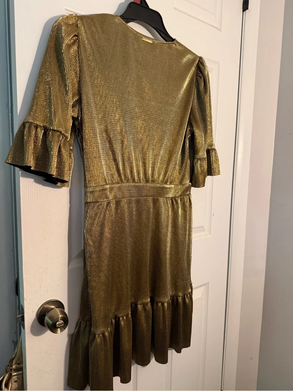 Michael Kors Metallic Gold V neck Dress with Ruffle Hem